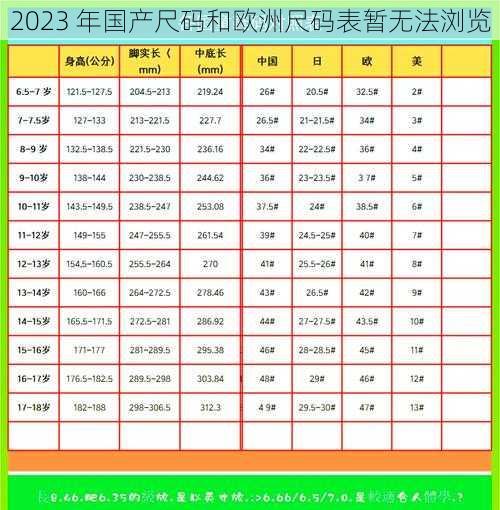 2023 年国产尺码和欧洲尺码表暂无法浏览